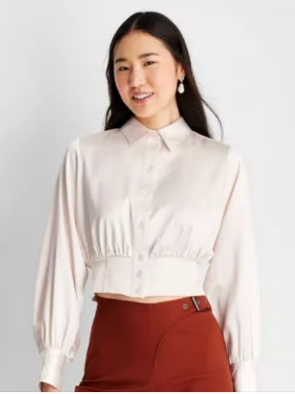 Cream Satin Crop Blouse Button Front XL Cream Future Collective Reese Blutstein